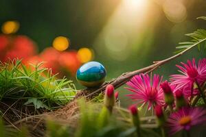 a blue egg sitting on a branch with flowers. AI-Generated photo