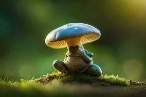 a small frog sitting on top of a mushroom. AI-Generated photo