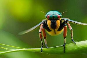 un vistoso insecto con rojo ojos y negro alas. generado por ai foto