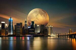 the moon rises over the city skyline at night. AI-Generated photo