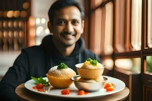 a man smiling while holding a plate with food. AI-Generated photo