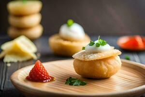 pequeño comida artículos en un de madera lámina. generado por ai foto