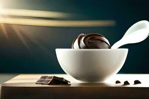 a spoon and chocolate in a bowl. AI-Generated photo