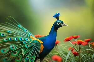 a peacock is standing in the middle of a field of flowers. AI-Generated photo