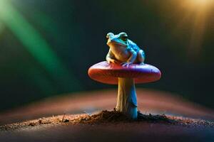 a frog sits on top of a mushroom. AI-Generated photo