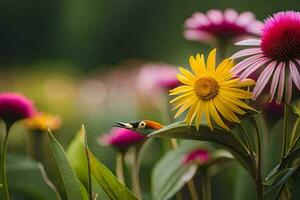 a bee is sitting on a flower in a field. AI-Generated photo