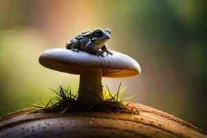 a frog sits on top of a mushroom. AI-Generated photo