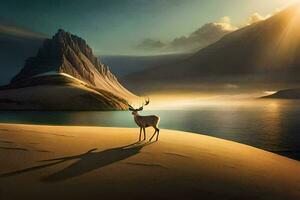 a deer stands on the sand in front of a lake. AI-Generated photo