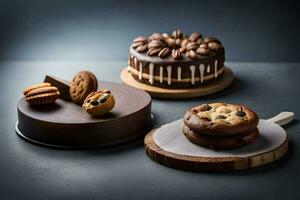 Tres chocolate pasteles en de madera bandejas generado por ai foto