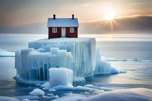 a small red house sits on an iceberg in the middle of the ocean. AI-Generated photo