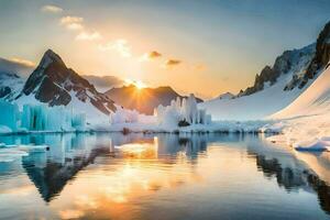 the sun sets over a frozen lake in antarctica. AI-Generated photo