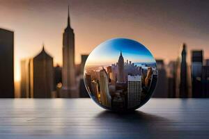 un vaso pelota con un ciudad horizonte en él. generado por ai foto