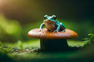 a frog sits on top of a mushroom in the forest. AI-Generated photo