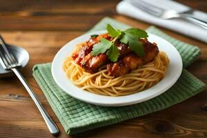 chicken and spaghetti in a sauce. AI-Generated photo