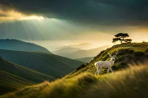 a white deer stands on a hill with a tree in the background. AI-Generated photo