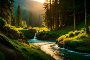 un río fluye mediante un bosque con verde césped y arboles generado por ai foto