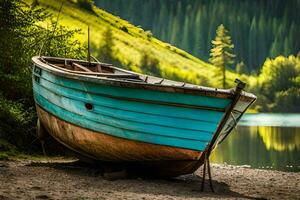 un antiguo barco se sienta en el apuntalar de un lago. generado por ai foto