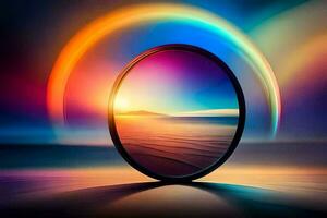 a circular mirror with a rainbow in the background. AI-Generated photo