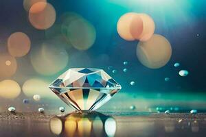 a diamond is shown on a table with bokeh. AI-Generated photo