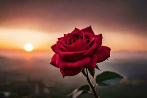 a single red rose is shown in front of a sunset. AI-Generated photo