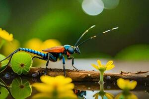 a colorful bug sits on a branch with yellow flowers. AI-Generated photo