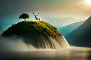 a deer stands on a small island in the middle of a river. AI-Generated photo