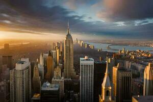 the city skyline at sunset from the top of the empire state building. AI-Generated photo