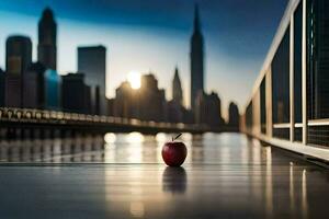 an apple is sitting on the ground in front of a city skyline. AI-Generated photo
