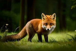 un rojo zorro es en pie en el césped. generado por ai foto