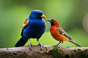 two colorful birds standing on a branch. AI-Generated photo