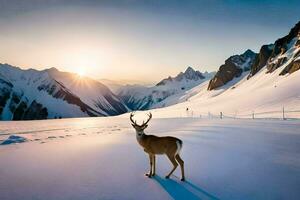 a deer stands in the snow in front of mountains. AI-Generated photo