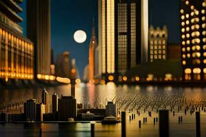 a city at night with a full moon in the background. AI-Generated photo