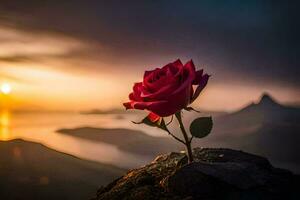 a single red rose is seen on top of a mountain at sunset. AI-Generated photo