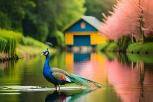 pavo real en el agua. generado por ai foto