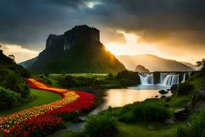 the sun sets over a waterfall and a field of red tulips. AI-Generated photo