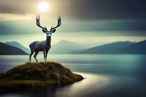 a deer stands on a small island in front of a lake. AI-Generated photo