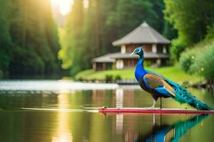 un pavo real en pie en un paleta tablero en un lago. generado por ai foto