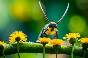 un avispa es encaramado en un amarillo flor. generado por ai foto