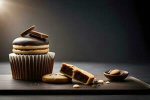a chocolate cupcake with nuts and chocolate frosting. AI-Generated photo