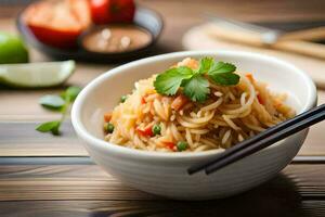 a bowl of noodles with chopsticks and a bowl of vegetables. AI-Generated photo