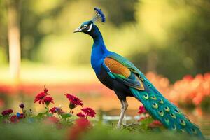 a peacock is standing in the grass with flowers. AI-Generated photo