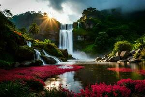 a beautiful waterfall with pink flowers in the foreground. AI-Generated photo