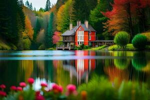 un casa es reflejado en el agua en el caer. generado por ai foto