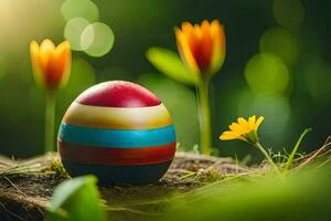 an easter egg is sitting in the grass with flowers. AI-Generated photo