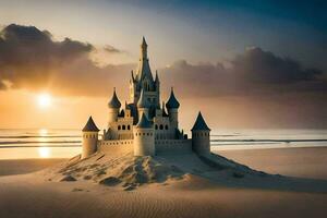 a castle on the beach at sunset. AI-Generated photo