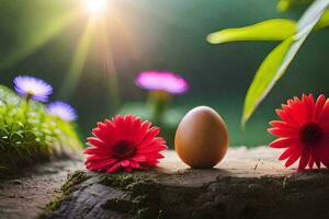 an egg and flowers sit on a log in the sun. AI-Generated photo