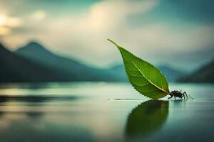 a leaf is sitting on the water with a bug. AI-Generated photo