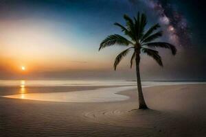 the palm tree on the beach at sunset. AI-Generated photo