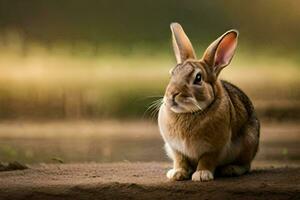 a rabbit sitting on the ground near a pond. AI-Generated photo