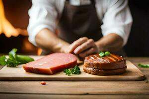 a chef is cutting meat on a cutting board. AI-Generated photo